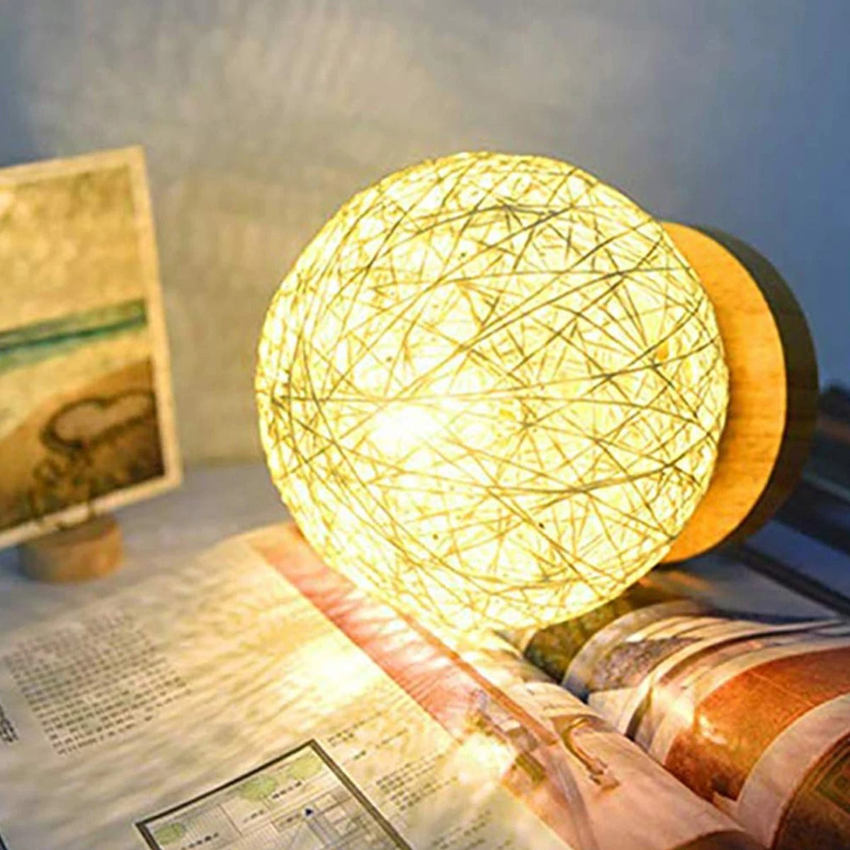 Tischlampe Rattan Kugel 30 cm mit Dimmfunktion
