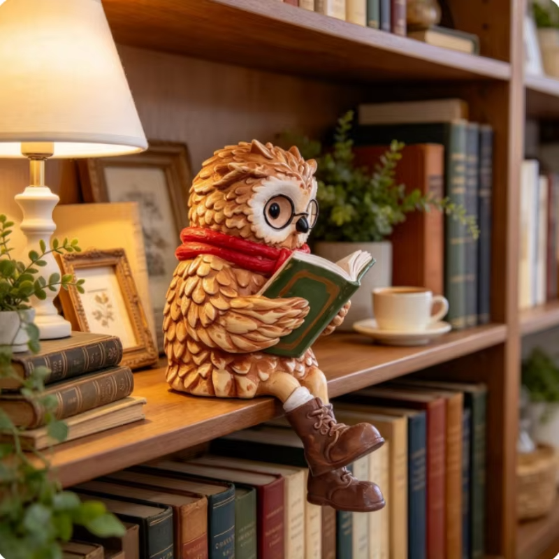 Owl edge-sitter figurine with book, glasses and scarf – 15 cm