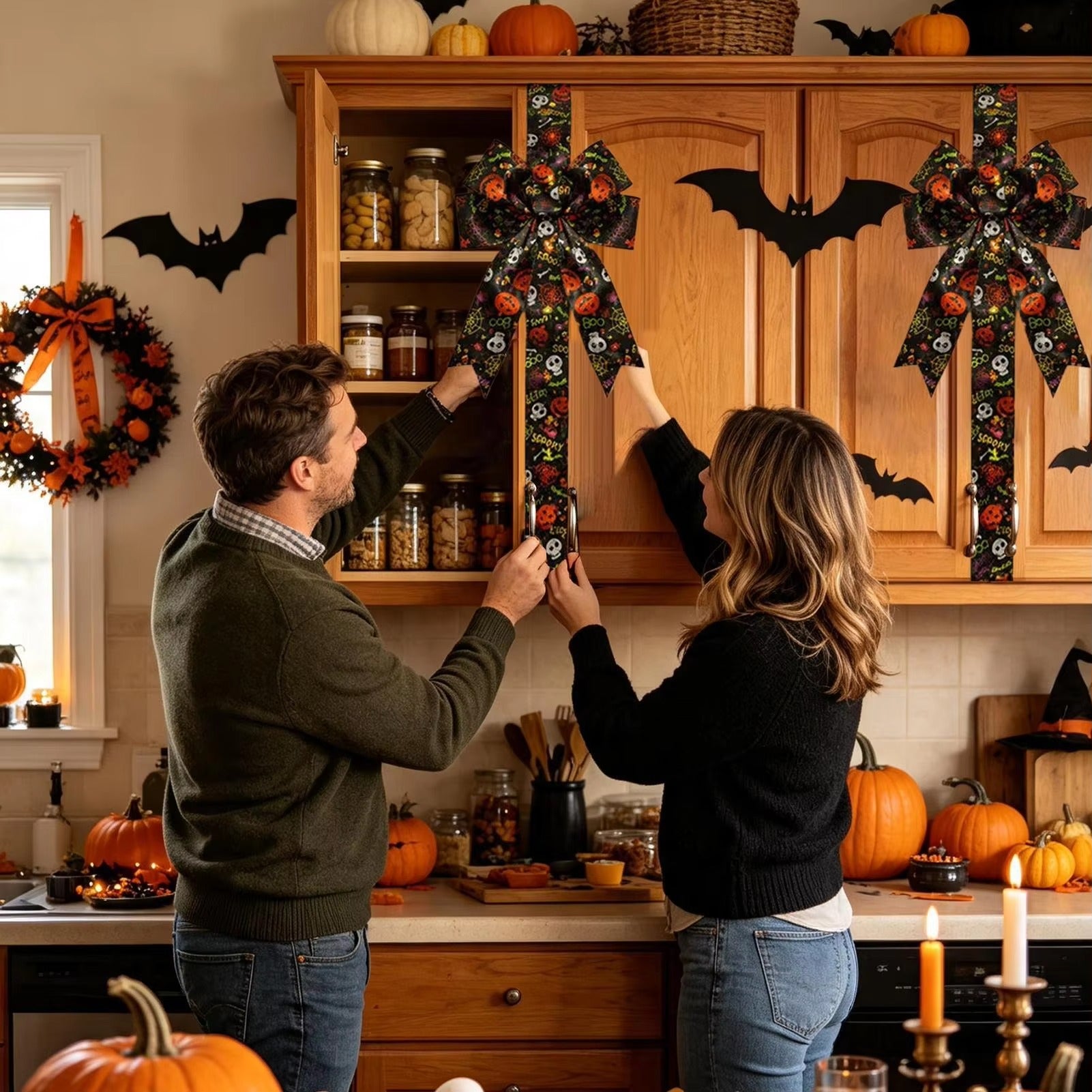 Leuchtende Halloween-Türschleife mit Kürbismotiv