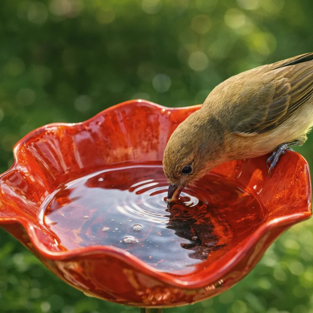 Metal flower stake with birdbath – garden decoration and water source