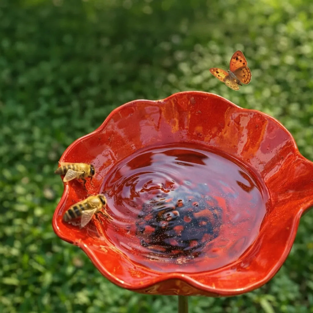 Metal flower stake with birdbath – garden decoration and water source
