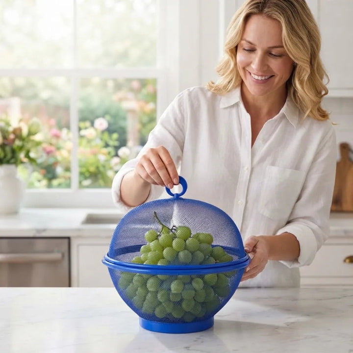 Fruit bowl with mesh lid and straining function, approx. 28 cm, steel mesh