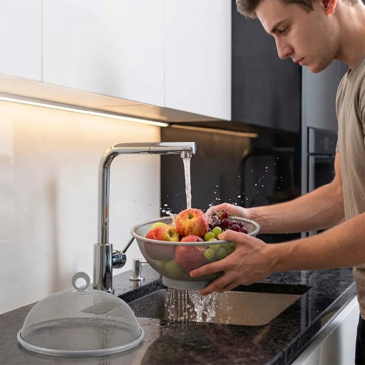 Fruit bowl with mesh lid and straining function, approx. 28 cm, steel mesh