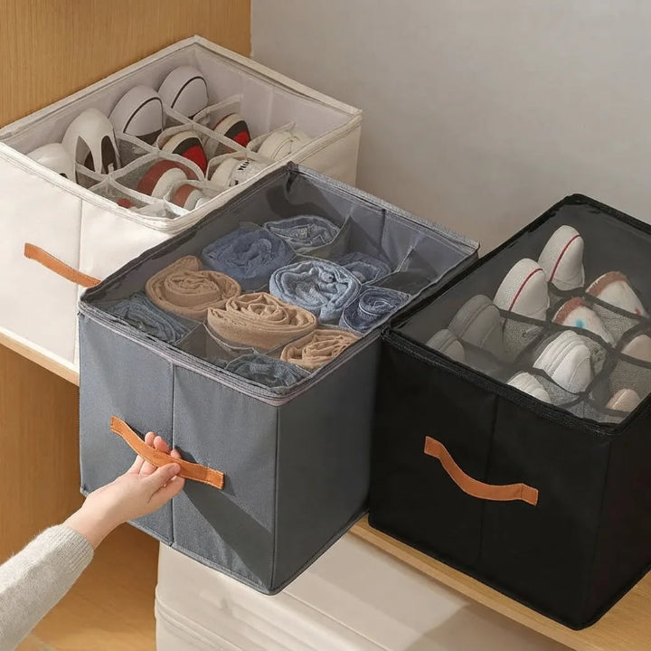 Foldable shoe organizer with leather handle & transparent lid