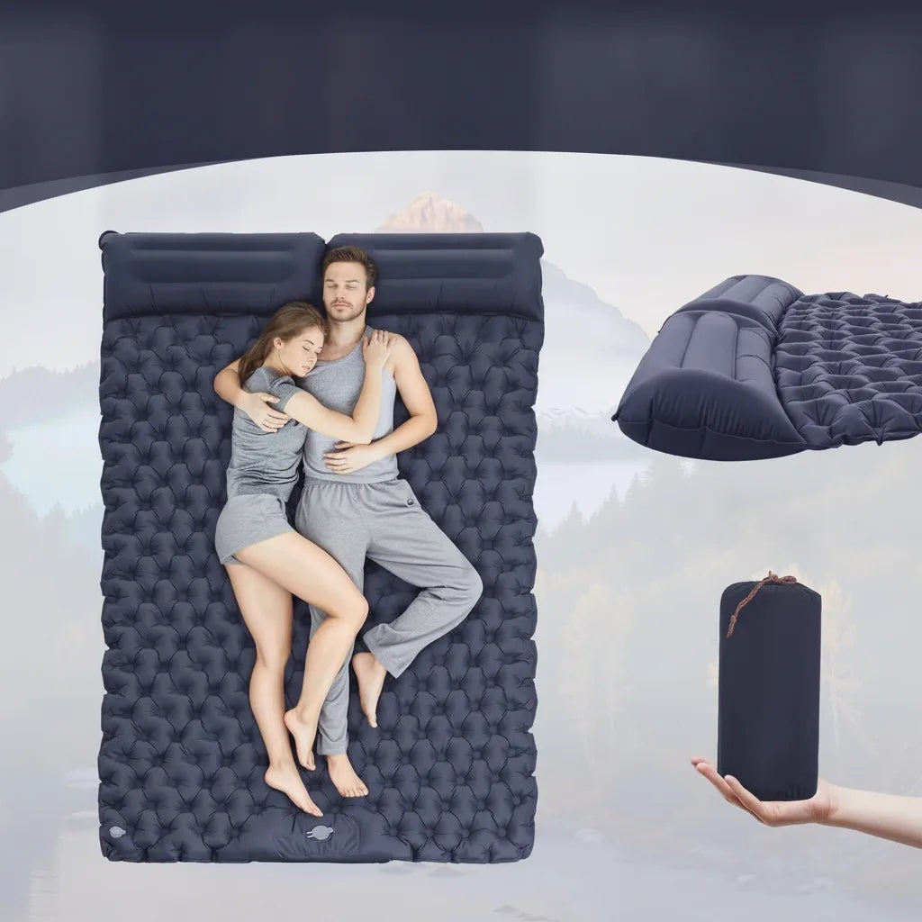 Double inflatable air mattress with pillow and built-in pump