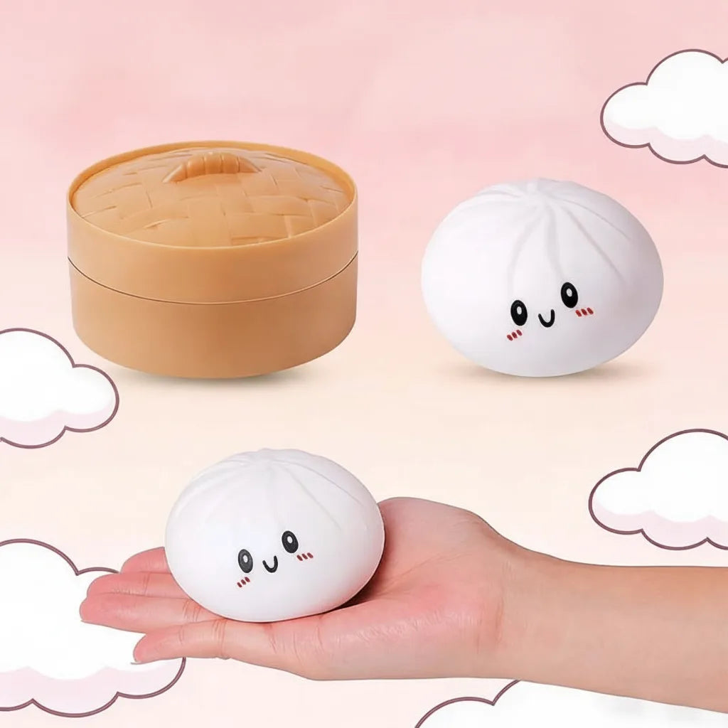 Dumpling Squeeze Toy with Face in Steamer Basket