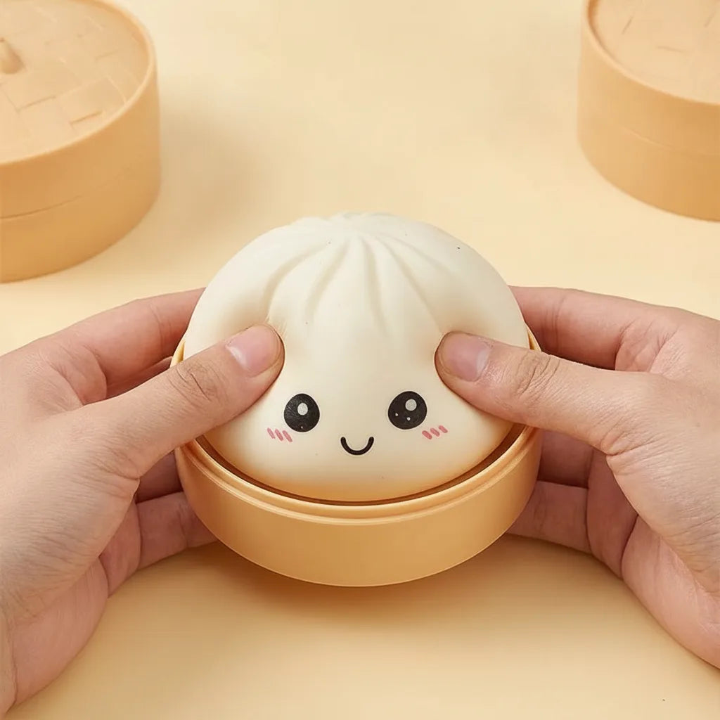 Dumpling Squeeze Toy with Face in Steamer Basket
