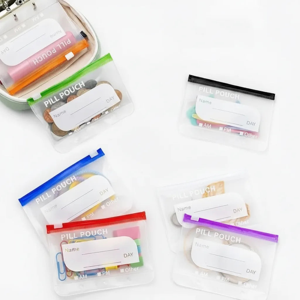 Pill organizer with 14 pouches and zipper case