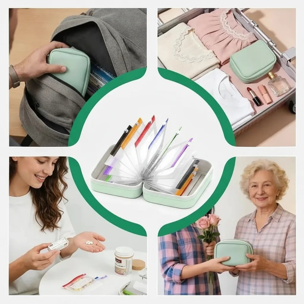 Tablettenorganizer Reise – 14 beschriftbare Beutel mit Reißverschlussetui