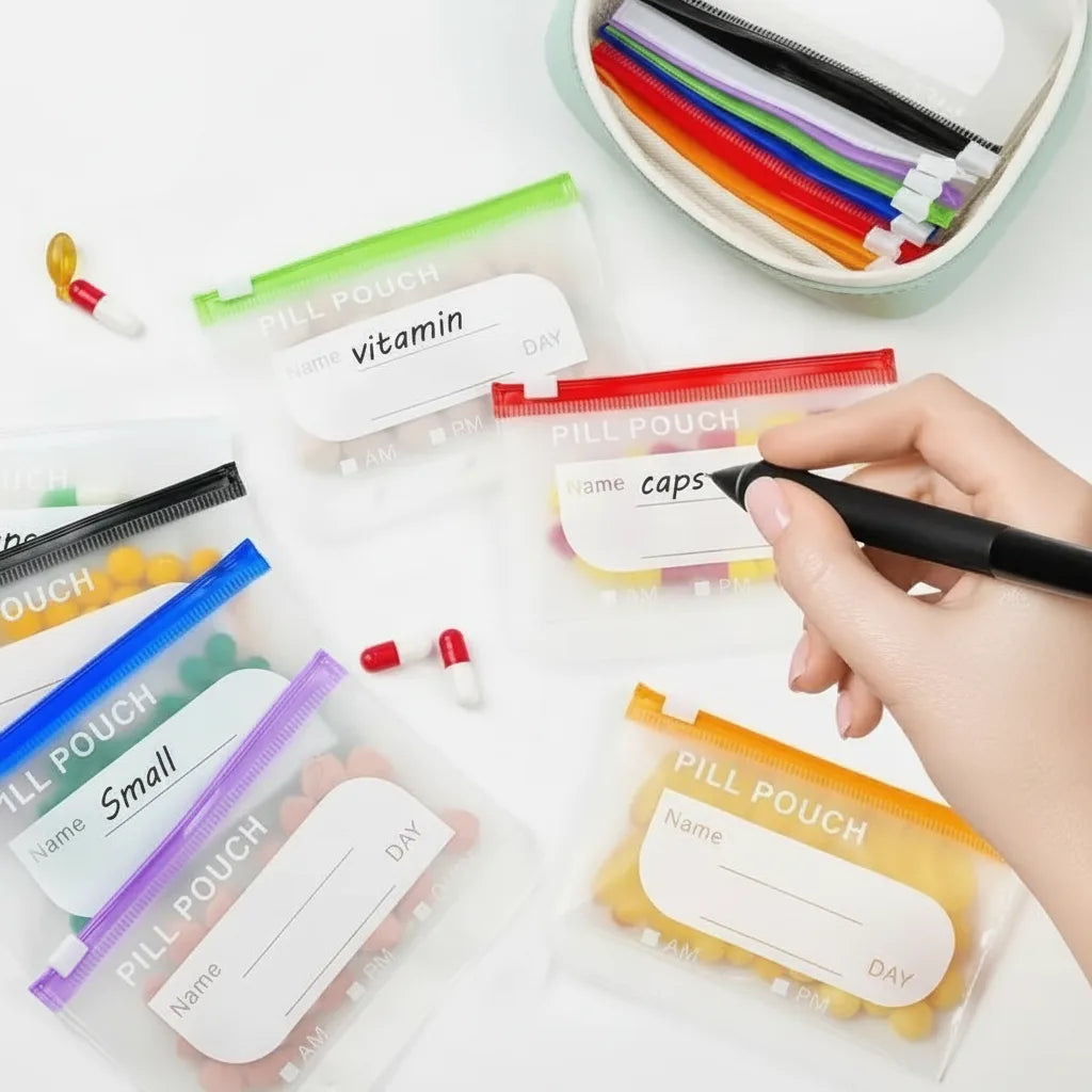 Pill organizer with 14 pouches and zipper case