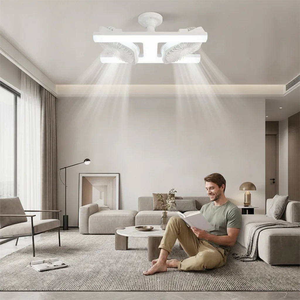 Deckenventilator mit LED-Licht und verstellbaren Doppelköpfen