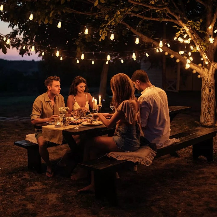 Weatherproof LED string lights with Edison bulbs