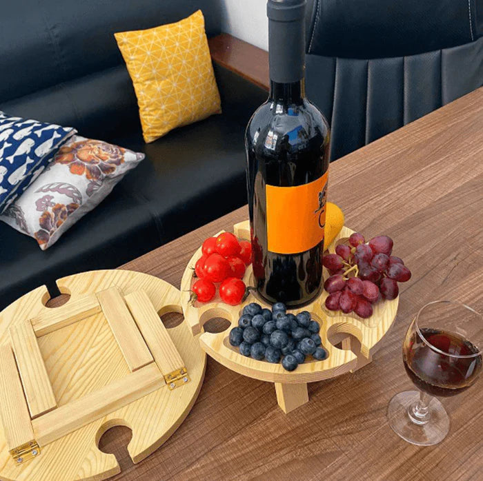 Foldable Wooden Picnic Table with Wine Glass Holders & Bottle Holder