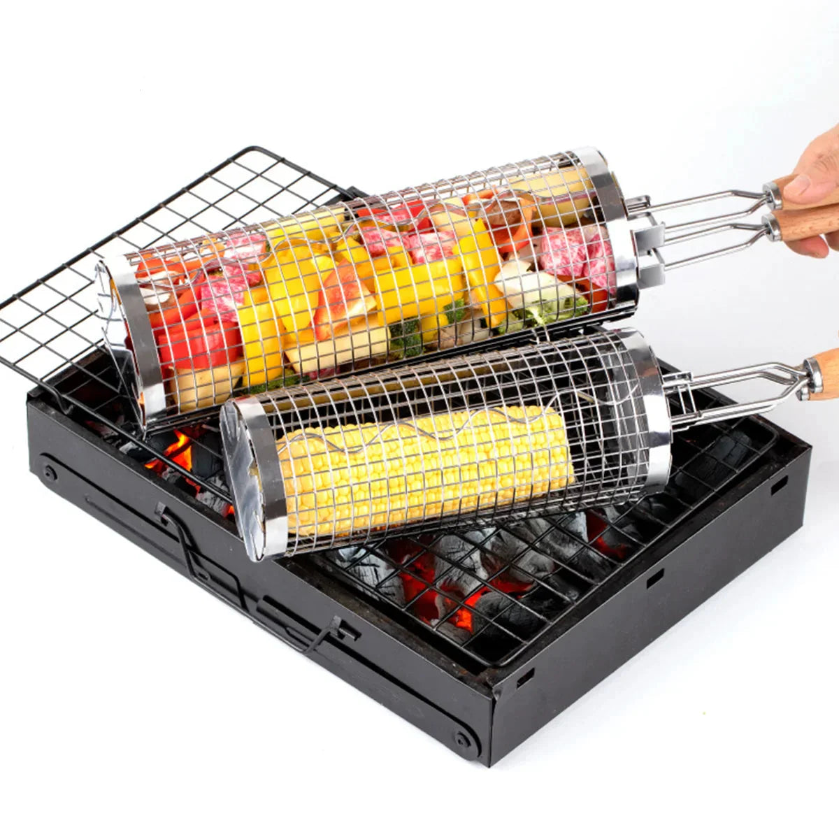 Grillkorb Edelstahl rollbar mit Holzgriff
