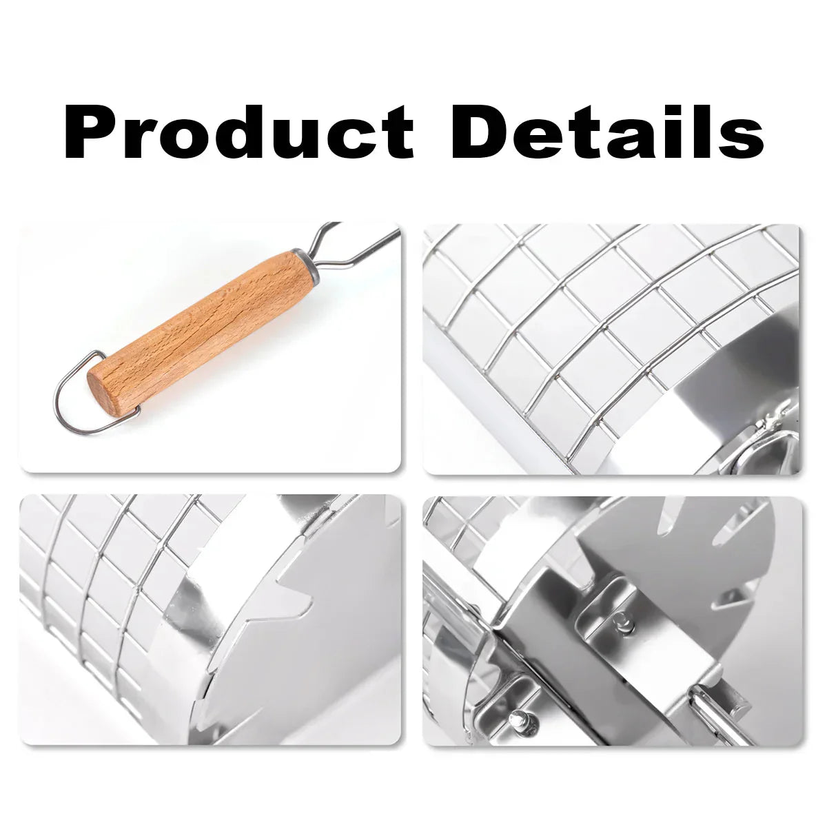 Grillkorb Edelstahl rollbar mit Holzgriff