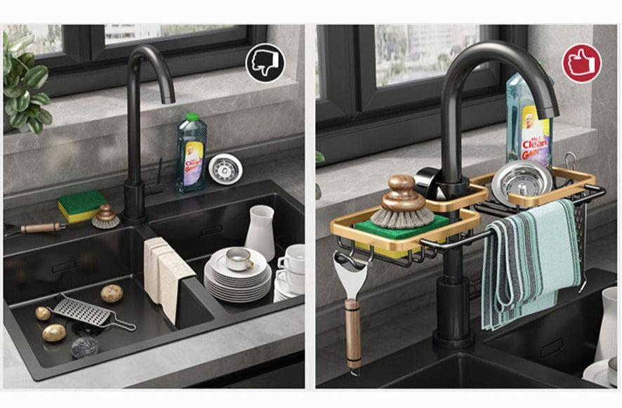 Faucet Kitchen Organizer – Sponge, Brush & Towel Bar in One