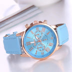 Women's watch with genuine leather strap, Roman numeral dial, and date display, Ø 42 mm