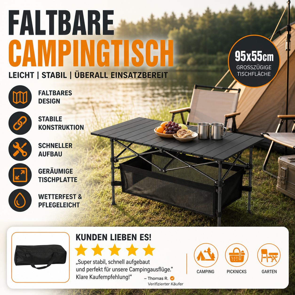 Klappbarer Campingtisch mit Rollup-Tischplatte