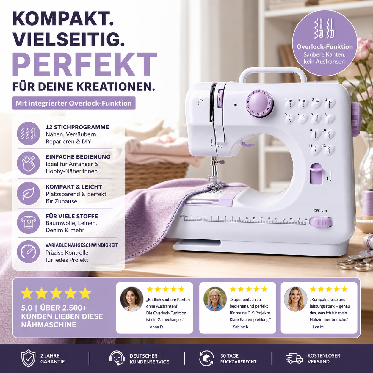 Mini-Nähmaschine mit 12 Stichen – kompakt & robust