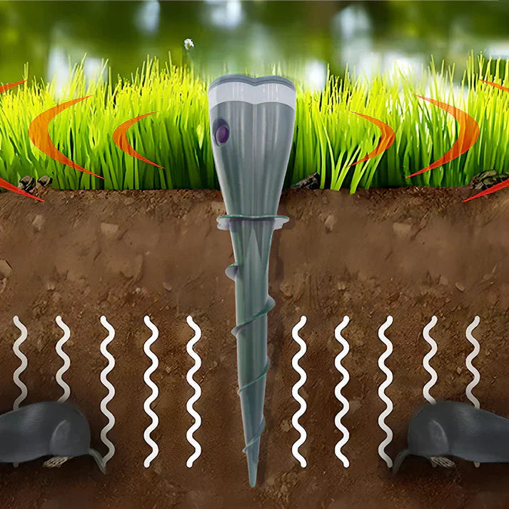 Solar pest repellent device with ground spike