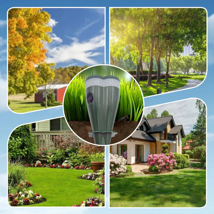 Solar pest repellent device with ground spike