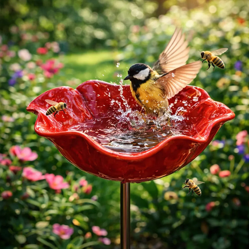 Metall-Blütenstab mit Vogeltränke – Gartendeko und Wasserstelle