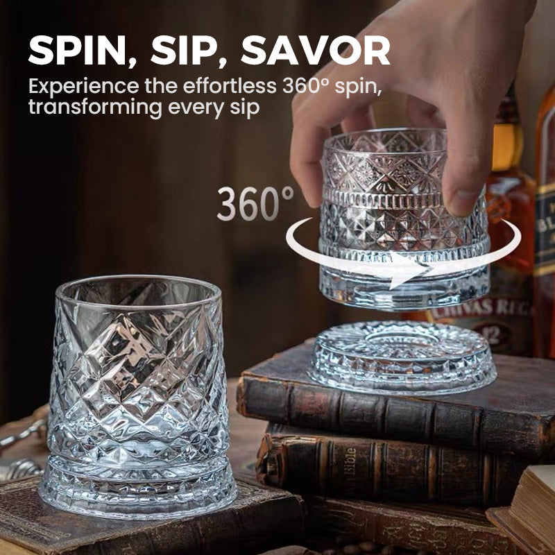 Rotating whisky glass with embossed crystal pattern
