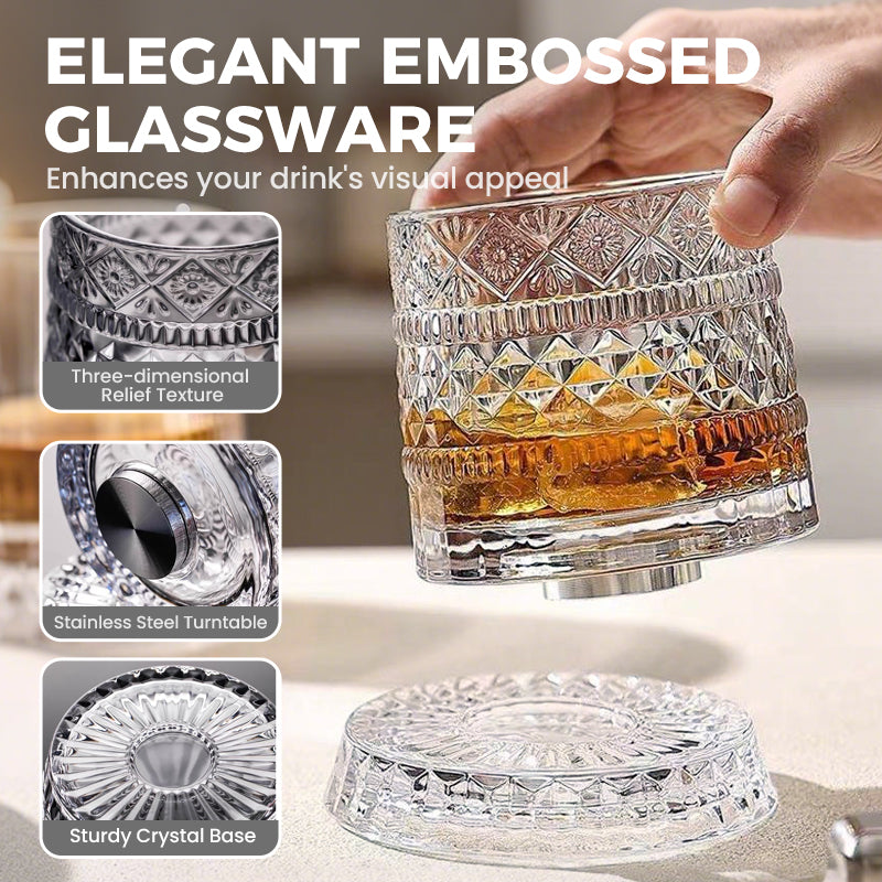 Rotating whisky glass with embossed crystal pattern