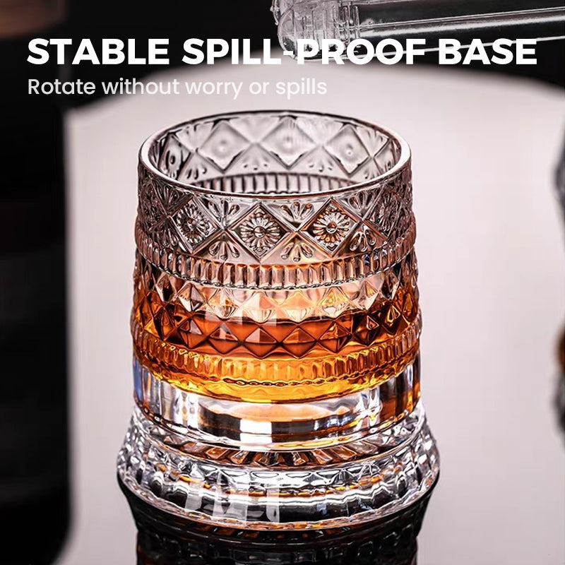 Rotating whisky glass with embossed crystal pattern