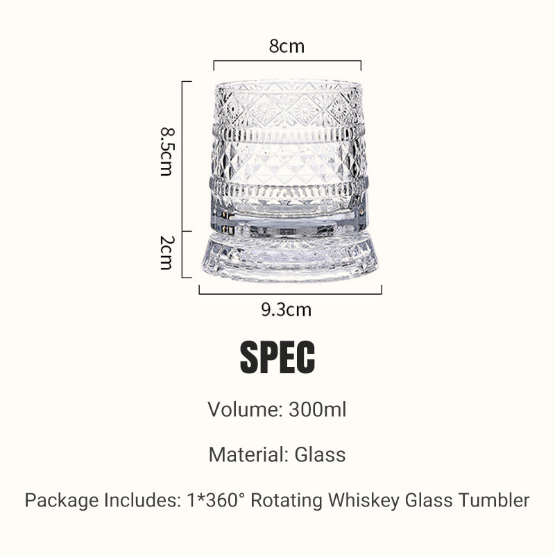 Rotating whisky glass with embossed crystal pattern