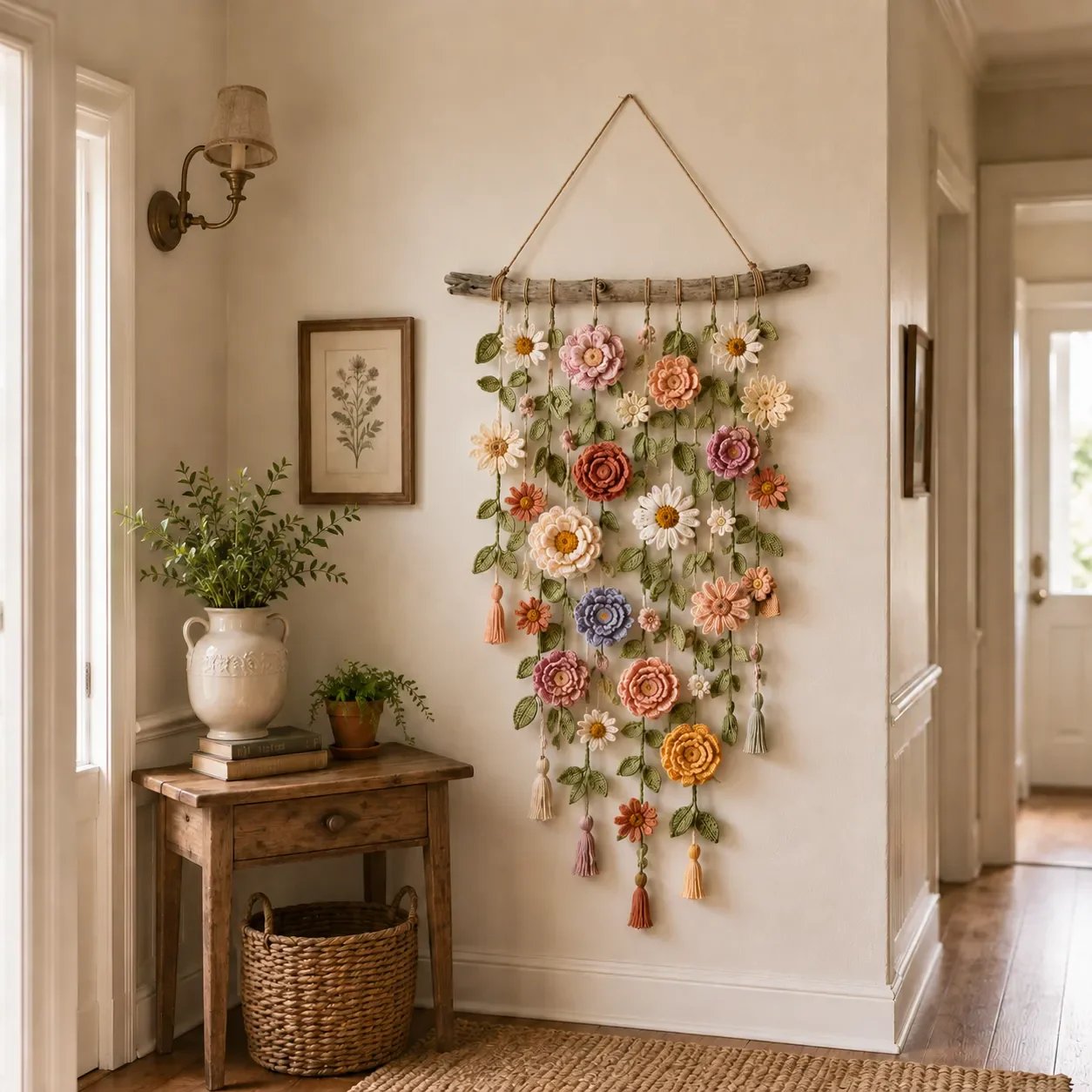 Gehäkelte Blumen-Wanddeko mit Quasten – Boho-Wandhänger