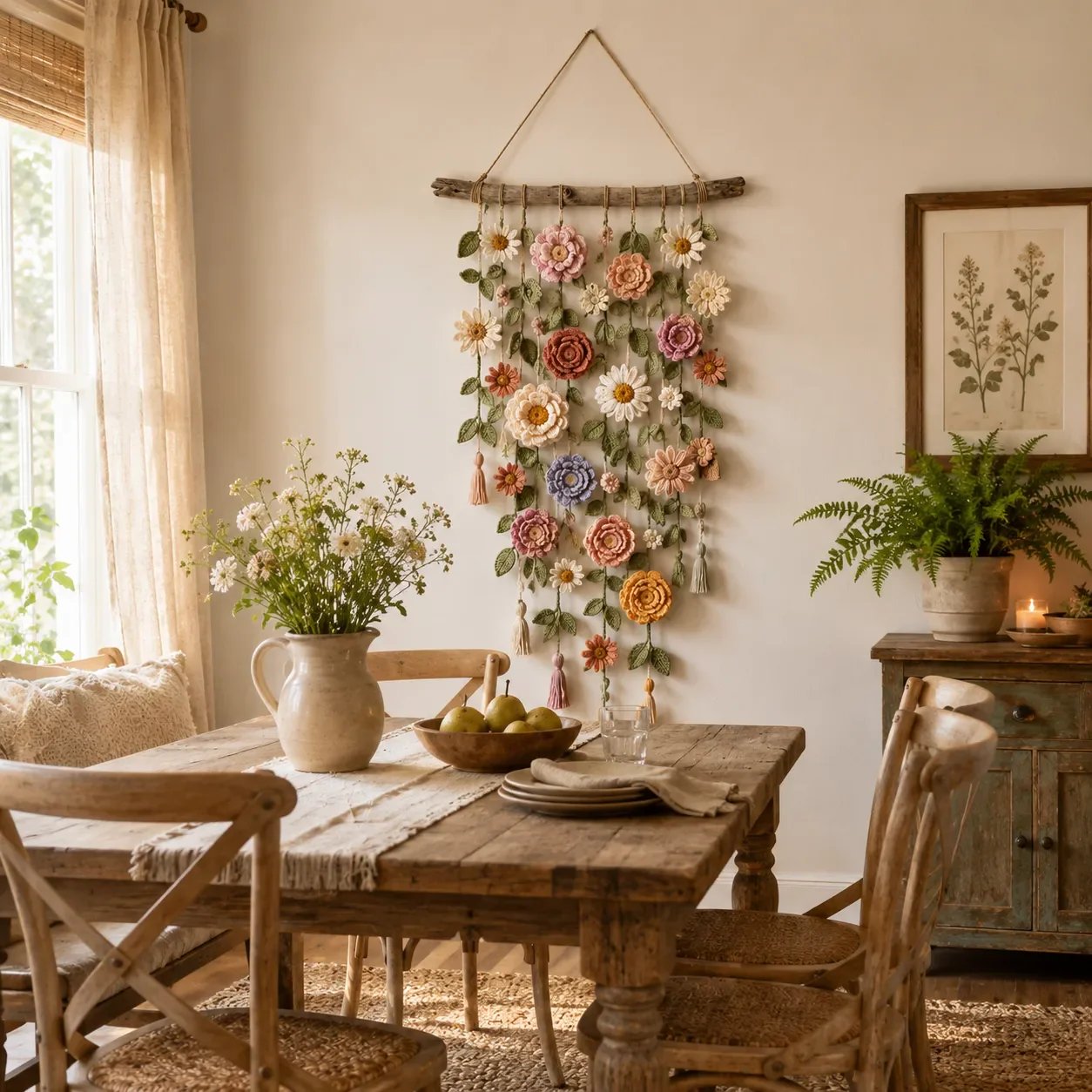 Gehäkelte Blumen-Wanddeko mit Quasten – Boho-Wandhänger