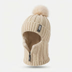Knitted hat with scarf and fur pom-pom – Windproof for cold days