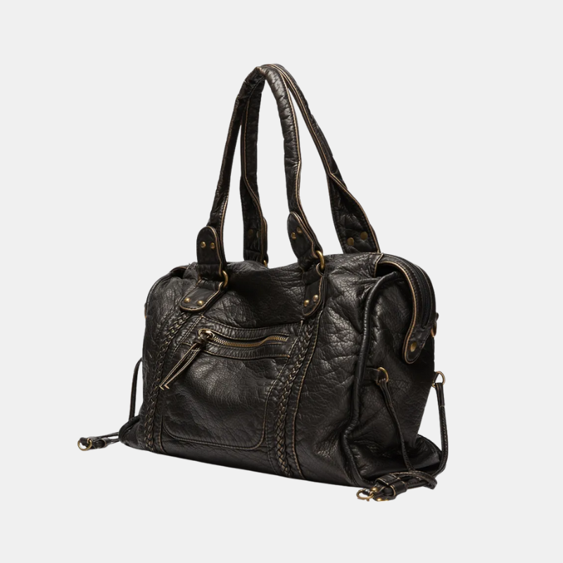 Black PU Leather Handbag with Vintage Wash