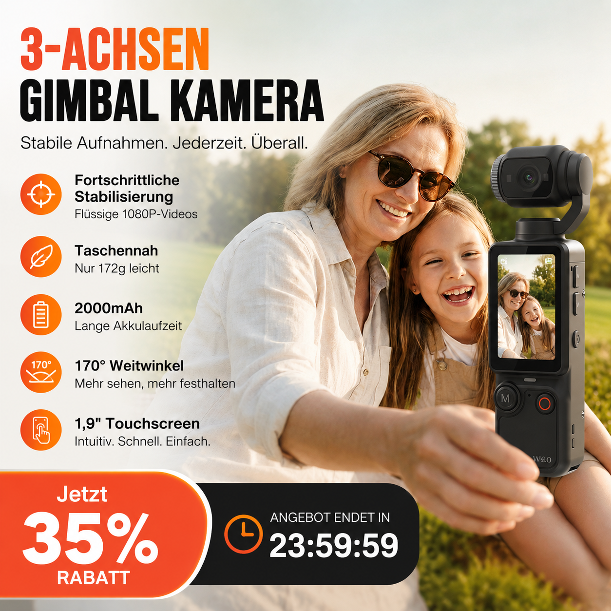 1080P Pocket Camera with Foldable Display and Touchscreen