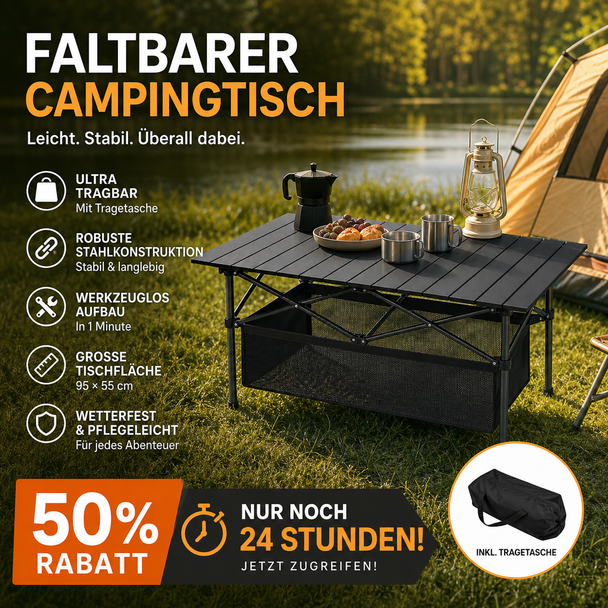 Klappbarer Campingtisch mit Rollup-Tischplatte