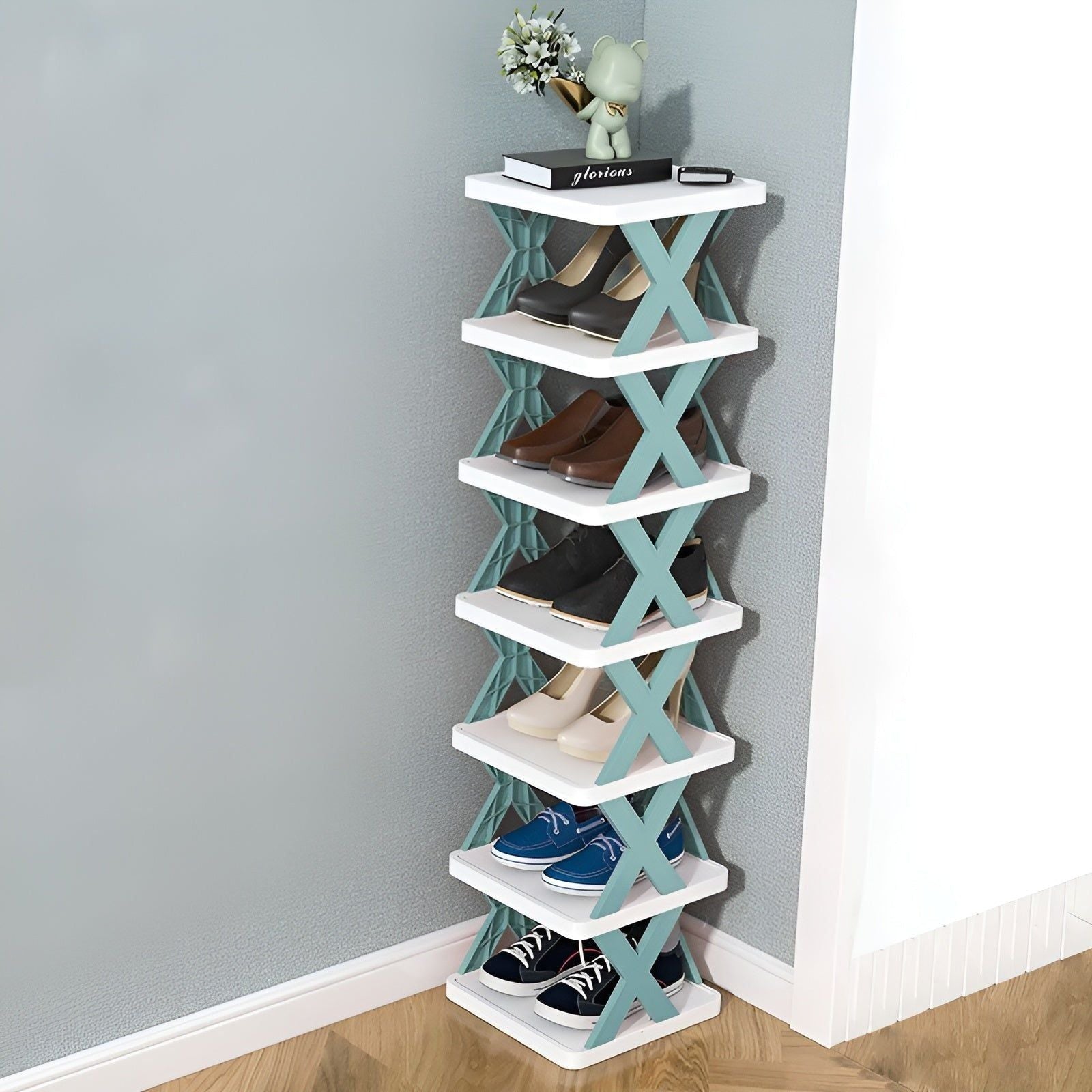 Foldable shoe rack with 3-7 tiers