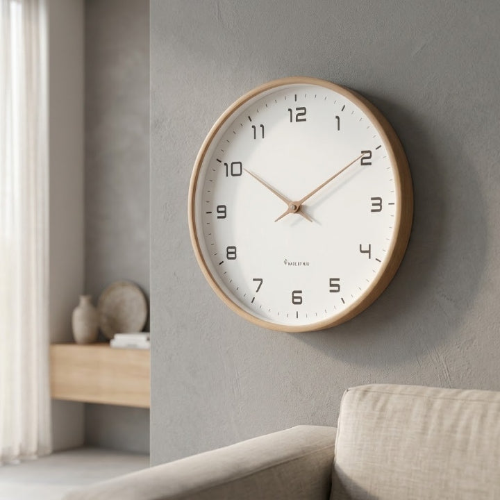 Silent wooden wall clock with quartz movement, Ø 25/30 cm, rose gold hands, Scandinavian design