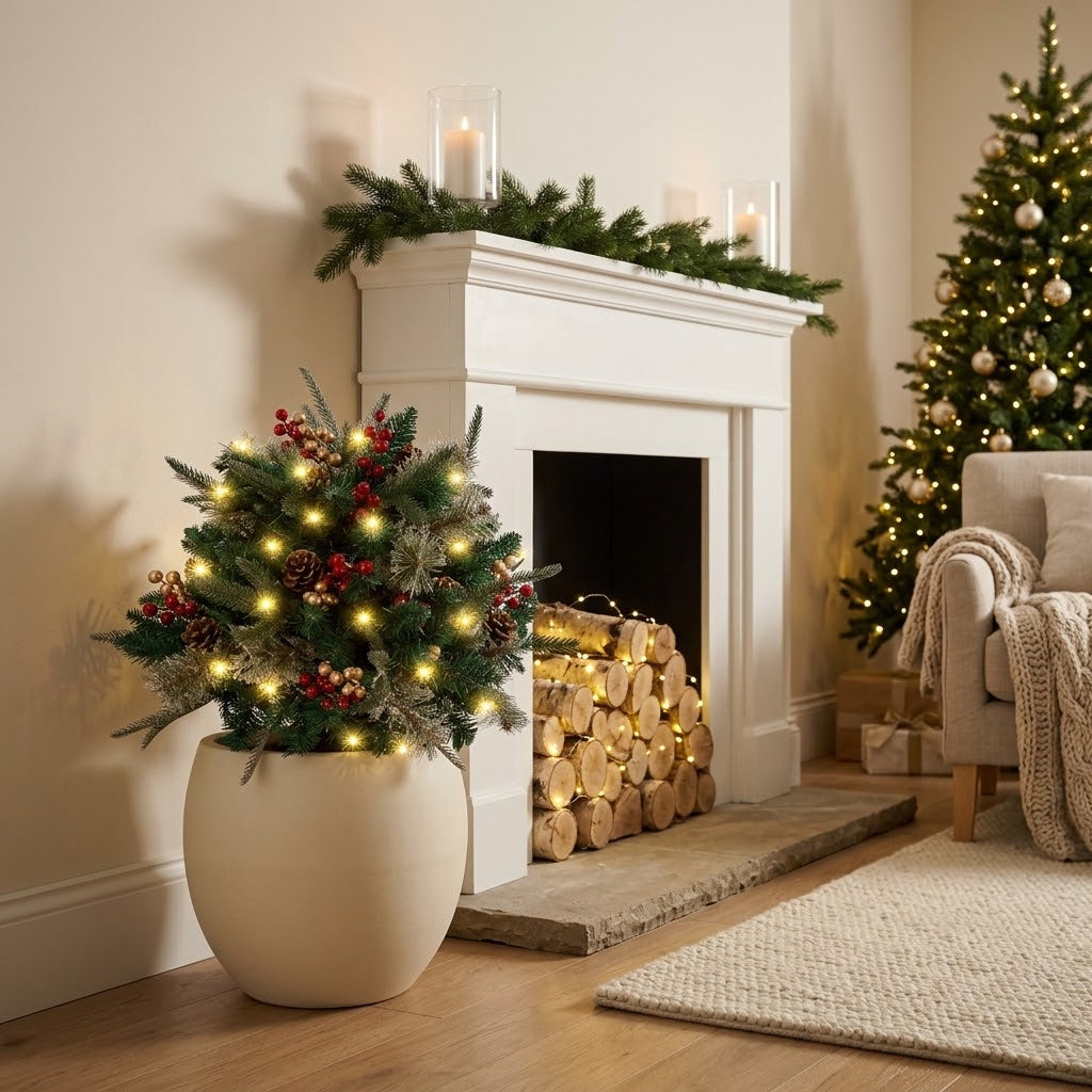 Illuminated Christmas arrangement with ground stake for planters, 68 cm wide