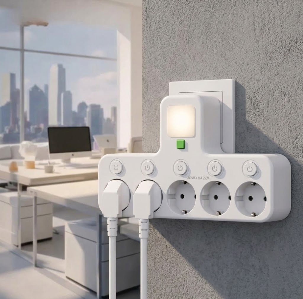 5-way wall outlet adapter with individual switches and night light