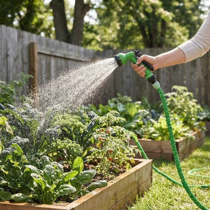 Stretchable garden hose with 7-function spray gun – Expands to 3 times its length