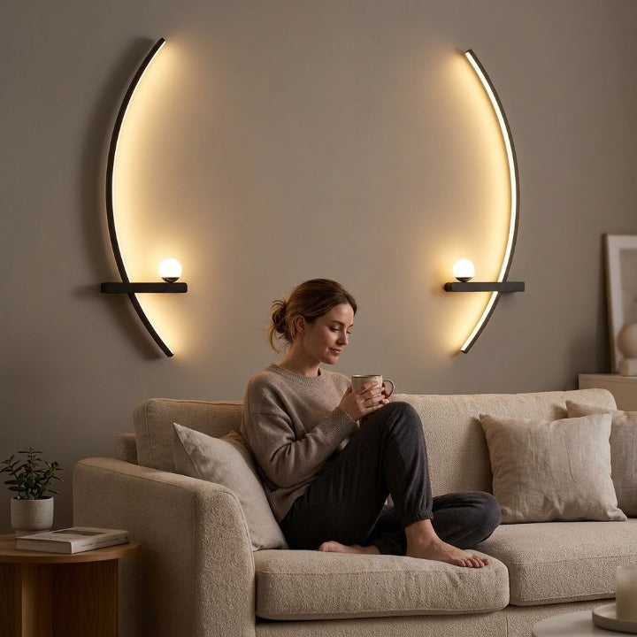 Curved LED wall light, aluminum, 3 light colors, hardwired 220V installation, 55/85 cm, set of 2