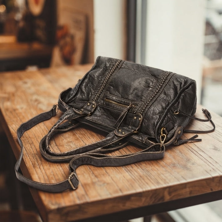 Handtasche aus PU-Leder mit Vintage-Waschung, Laptopfach, 38 × 16 × 29 cm, Gold-Metallic-Details
