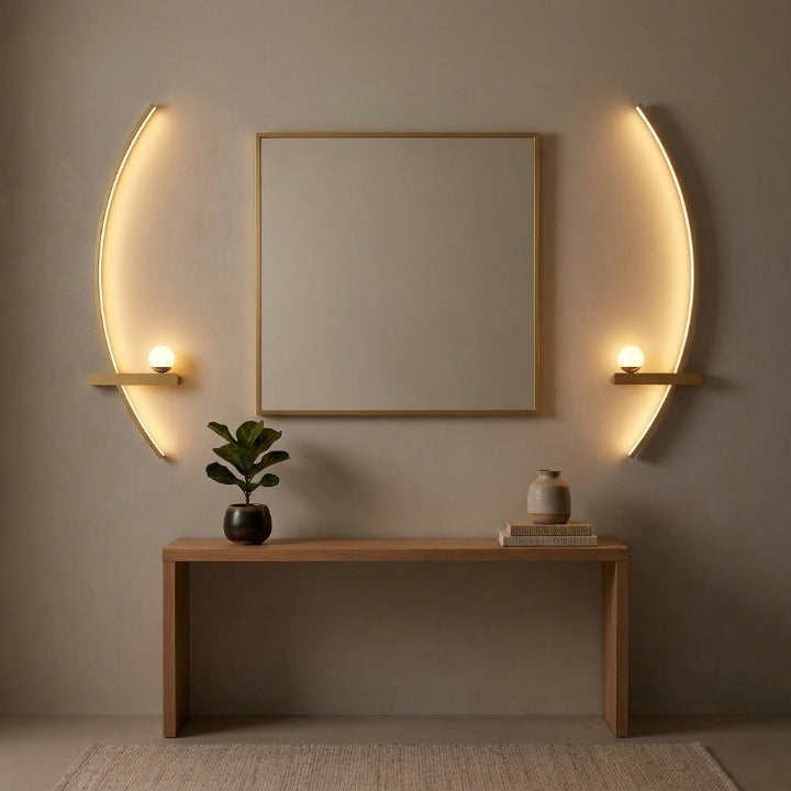 Curved LED wall light, aluminum, 3 light colors, hardwired 220V installation, 55/85 cm, set of 2