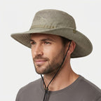 Outdoor sun hat with adjustable straps and wide brim