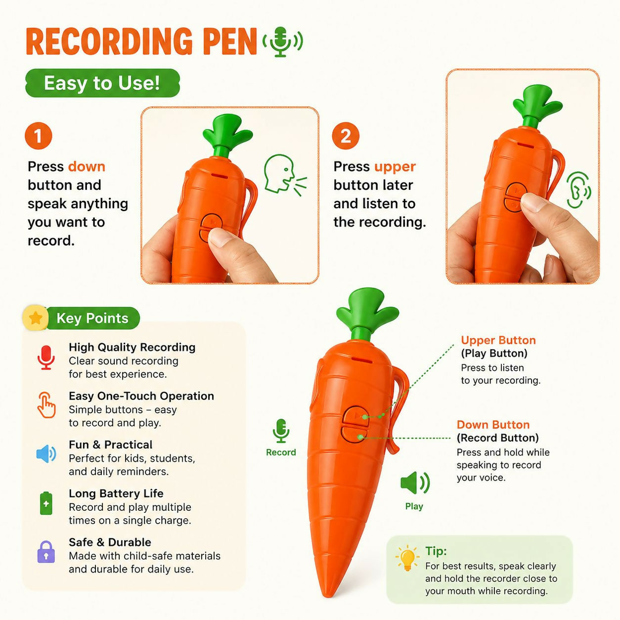 Carrot pen with voice recording and playback