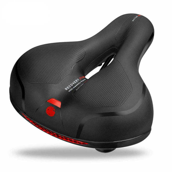 Ergonomic bicycle saddle with padding and reflector strips