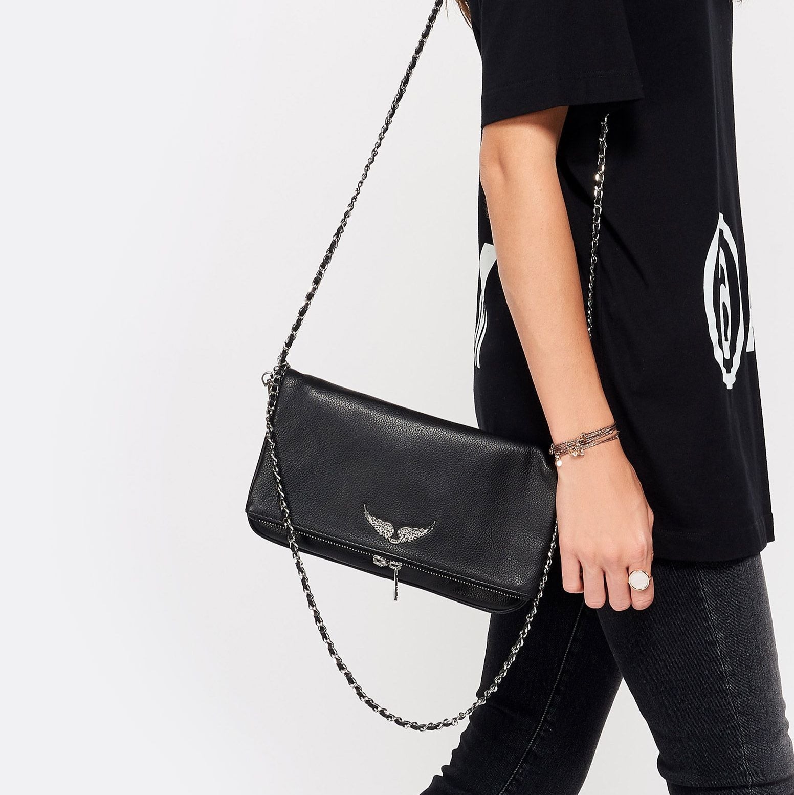 Clutch with rhinestone details and chain shoulder strap